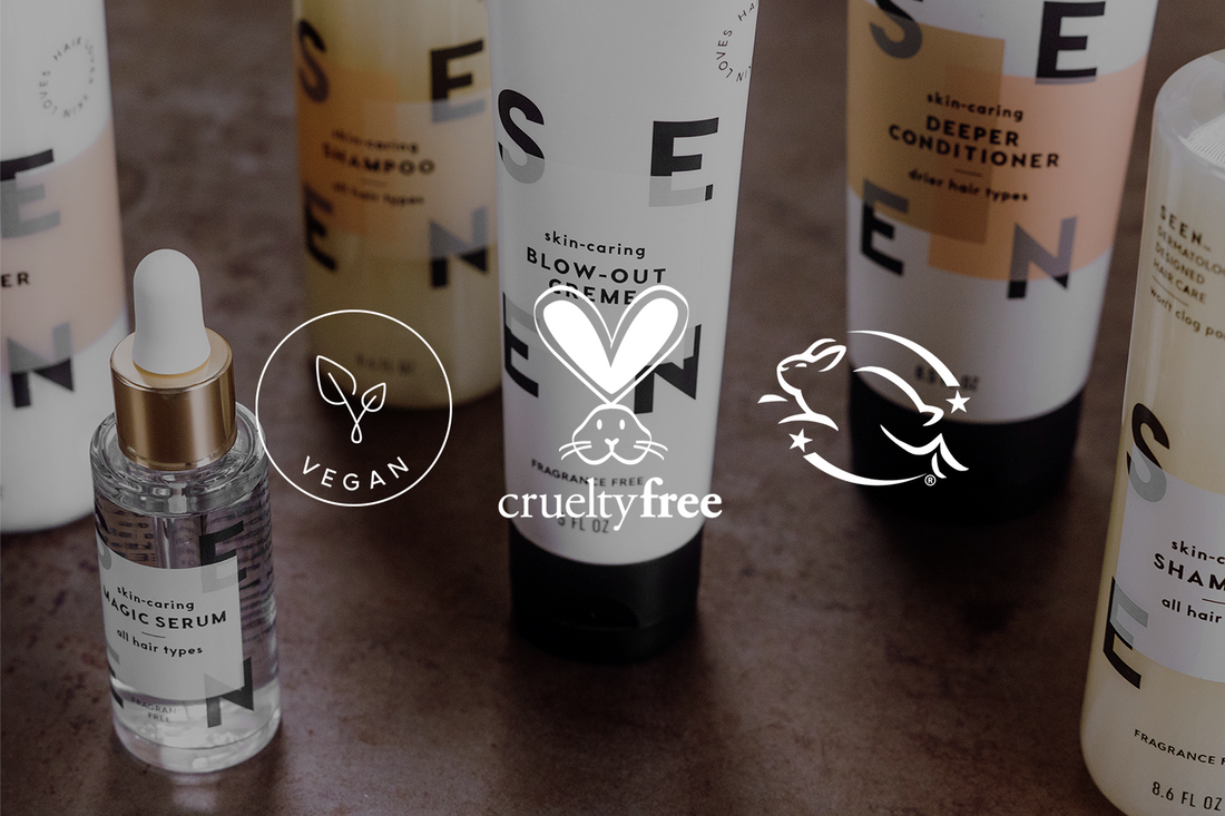 SEEN hair care products with vegan, cruelty-free, and Leaping Bunny icons.